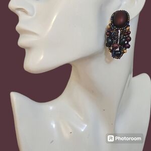 CHIPITA 1980s Artisan Southwestern Purple Peacock Beaded Dangle Post Earrings